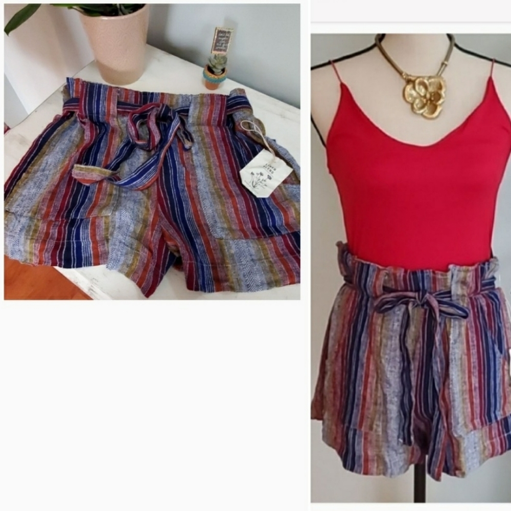 Linen Blend Striped Paper Bag Shorts - Picture 7 of 8